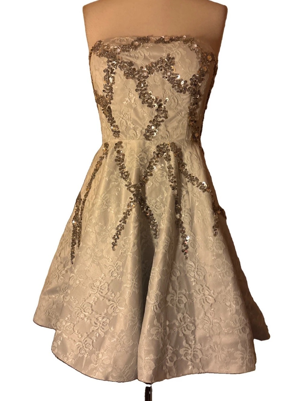 Babyonline Strapless silver Lace Dress with Sequin Trim size small